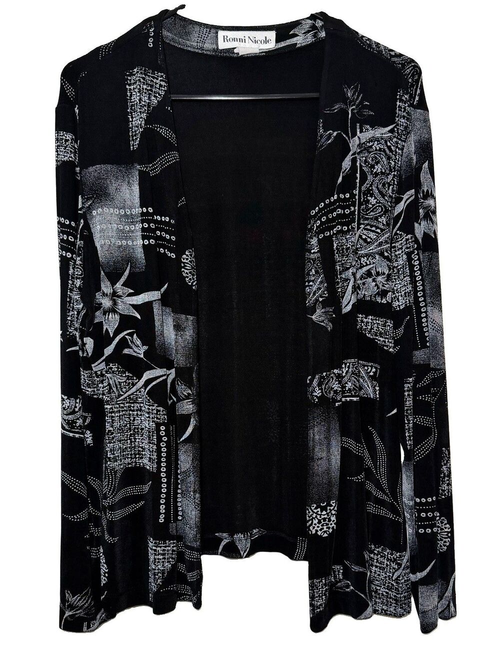 Ronni Nicole Y2K Black Gray Abstract Floral Open Front Knit Cardigan Topper XL